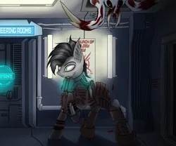 Size: 3000x2500 | Tagged: semi-grimdark, artist:kirov, derpibooru import, oc, unofficial characters only, earth pony, necromorph, pony, undead, zombie, armor, blood, crossover, dead space, image, mutated zombie, png, this will end in death