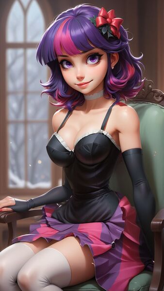 Size: 1080x1920 | Tagged: suggestive, derpibooru import, machine learning generated, stable diffusion, twilight sparkle, human, ai content, bow, breasts, choker, cleavage, clothes, detached sleeves, ear piercing, earring, generator:dynavisionxlallinonestylizedrelease0557bakedvae, generator:twiggyxlv3, hair bow, image, indoors, jewelry, jpeg, looking at you, multicolored hair, piercing, prompt in description, prompter:marusame, purple eyes, shirt, sitting, skirt, sleeveless, sleeveless shirt, smiling, snow, socks, solo, thigh highs