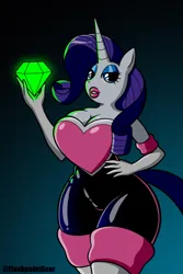 Size: 1000x1500 | Tagged: safe, artist:flashpointgear, derpibooru import, rarity, anthro, unicorn, bedroom eyes, breasts, chaos emerald, cleavage, clothes, costume, eyelashes, female, gradient background, hand on hip, image, latex, latex suit, lipstick, makeup, png, rouge the bat costume, solo, sonic the hedgehog (series)