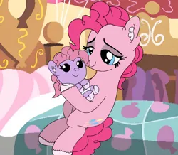 Size: 828x723 | Tagged: safe, artist:thebronypony123, derpibooru import, pinkie pie, oc, oc:lucky, earth pony, pony, baby, baby pony, bed, female, foal, image, jpeg, mother and child, mother and daughter