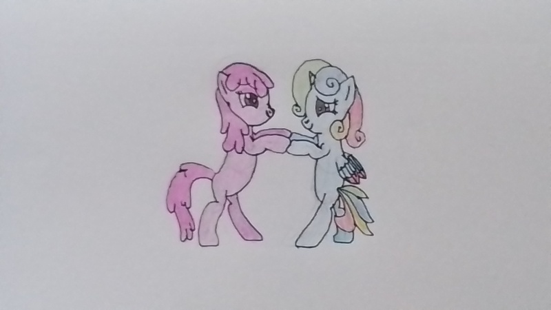 Size: 3264x1836 | Tagged: safe, artist:puzzlshield2, derpibooru import, berry punch, berryshine, oc, oc:puzzle shield, alicorn, pony, background pony, bipedal, colored wings, dancing, derpibooru exclusive, drawing, image, jpeg, romance, special somepony, traditional art, wings