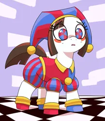 Size: 2543x2930 | Tagged: safe, artist:pabbley, derpibooru import, ponified, earth pony, pony, blushing, checkered floor, female, hat, image, jester, jester hat, jpeg, mare, pomni, solo, the amazing digital circus