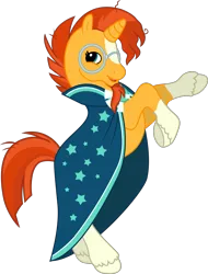 Size: 1467x1929 | Tagged: safe, artist:lightningbolt, derpibooru import, sunburst, ponified, pony, unicorn, g2, .svg available, blaze (coat marking), cloak, clothes, coat markings, derpibooru exclusive, facial hair, facial markings, g4, g4 to g2, generation leap, glasses, horn, image, looking at you, male, messy mane, messy tail, mlp fim's thirteenth anniversary, open mouth, png, rearing, simple background, socks (coat marking), solo, stallion, sunburst's cloak, sunburst's glasses, tail, transparent background, unshorn fetlocks, vector