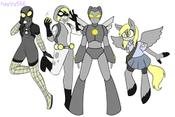 Size: 3264x2189 | Tagged: safe, artist:hayley566, derpibooru import, derpy hooves, oc, oc:bubble bomber, oc:iron pegasus, oc:muffins the pegasus, oc:silver spider, unofficial characters only, anthro, human, pegasus, :p, alternate hairstyle, armor, bag, belt, boots, clothes, commission, compression shorts, crossover, female, gloves, grenade, helmet, hoodie, image, iron man, marvel, mask, non-mlp oc, png, shirt, shoes, simple background, skirt, sonic the hedgehog (series), sonicified, spider-man, spider-sona, superhero, supervillain, tongue out, transparent background