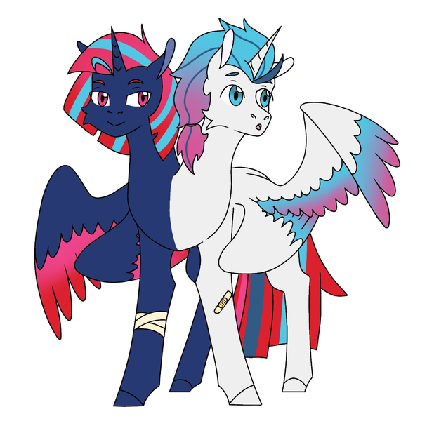 Size: 1280x1263 | Tagged: safe, derpibooru import, oc, oc:dawn, oc:dusk, alicorn, bandage, canon x oc, colored wings, conjoined, conjoined twins, four wings, image, multiple heads, multiple wings, png, two heads, two toned mane, two toned wings, wings