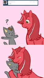 Size: 800x1394 | Tagged: safe, artist:redintravenous, derpibooru import, oc, oc:red ribbon, cat, pony, unicorn, ask red ribbon, female, hug, image, mare, png, solo