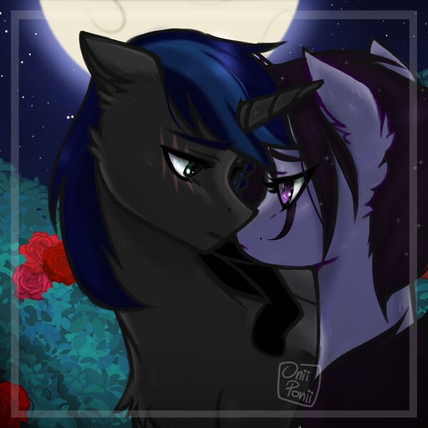 Size: 1280x1280 | Tagged: safe, artist:oniiponii, derpibooru import, oc, unofficial characters only, earth pony, pony, bust, chest fluff, commission, duo, earth pony oc, eye scar, eyelashes, facial scar, female, flower, full moon, image, jpeg, male, mare, moon, night, outdoors, rose, scar, stallion, stars, ych result