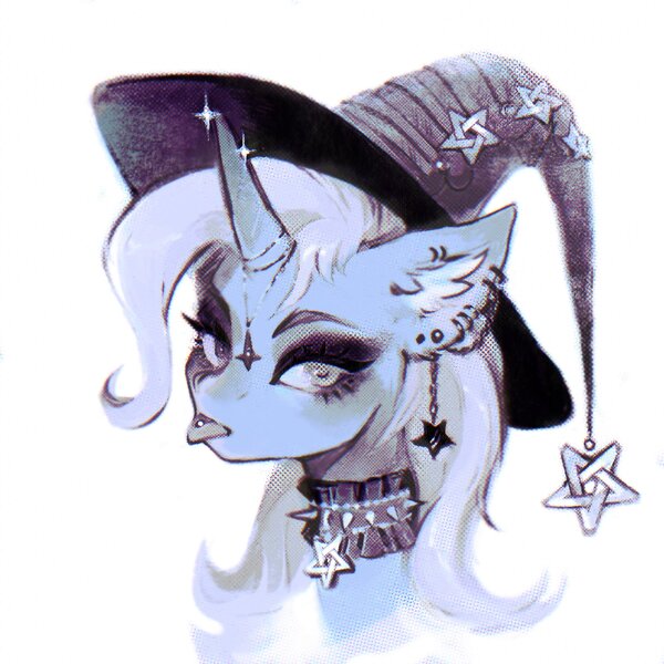 Size: 2000x2000 | Tagged: safe, artist:dearmary, derpibooru import, trixie, pony, unicorn, big breasts, breasts, choker, clothes, ear fluff, eyeshadow, goth, hat, horn, horn jewelry, image, jewelry, jpeg, looking at you, makeup, piercing, raspberry, solo, sparkles, spiked choker, tongue out, tongue piercing, trixie's hat, witch hat