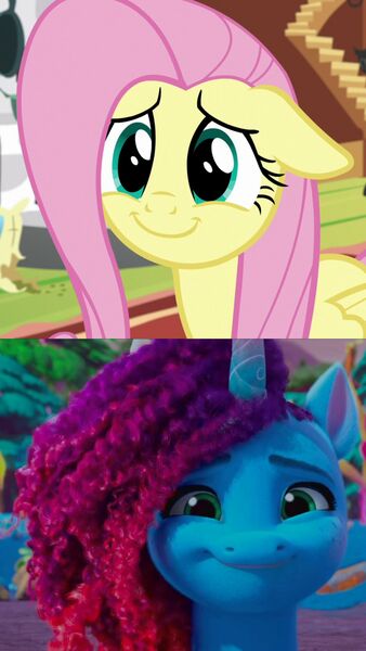 Size: 2160x3840 | Tagged: safe, derpibooru import, screencap, fluttershy, pegasus, pony, unicorn, fluttershy leans in, g5, my little pony: make your mark, season 7, spoiler:g5, spoiler:my little pony: make your mark, spoiler:my little pony: make your mark chapter 5, spoiler:mymc05e03, cropped, cute, family trees, female, fluttershy's cottage, g4, image, jpeg, mare, misty and her heroine, misty brightdawn, mistybetes, my little pony: make your mark chapter 5, rebirth misty, shyabetes, smiling
