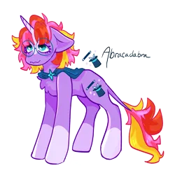 Size: 3600x3600 | Tagged: safe, artist:fhroggy, derpibooru import, oc, oc:abracadabra, unofficial characters only, pony, unicorn, blaze (coat marking), cape, chest fluff, clothes, coat markings, facial markings, floppy ears, glasses, high res, image, leonine tail, name, offspring, parent:starlight glimmer, parent:sunburst, parents:starburst, png, round glasses, smiling, socks (coat marking), solo, tail, wavy mouth