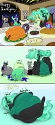 Size: 1280x2920 | Tagged: oc name needed, suggestive, artist:dudey64, derpibooru import, oc, oc:echo, oc:speculo, anthro, bat pony, changeling, pony, unicorn, bellyrubs, comic, digestion, female, food, image, male, png, stuffed, stuffed belly, tongue out, vore