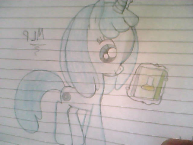 Size: 640x480 | Tagged: safe, artist:arts48, derpibooru import, ponified, pony, unicorn, aura, beaker, book, colored pencil drawing, female, g4, image, jelly jamm, jpeg, magic, magic aura, mare, mina (jelly jamm), rule 85, scrapbook, simple background, smiling, solo, telekinesis, traditional art, unshorn fetlocks