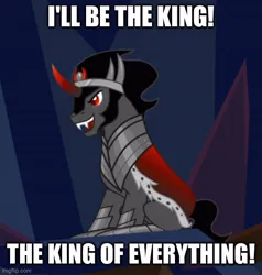 Size: 500x526 | Tagged: safe, derpibooru import, edit, edited screencap, screencap, king sombra, pony, unicorn, the beginning of the end, caption, clothes, crown, g4, image, image macro, imgflip, jewelry, jpeg, male, open mouth, open smile, pound puppies, pound puppies and the legend of big paw, regalia, robe, sitting, smiling, solo, stallion, text, throne