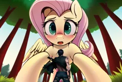 Size: 720x480 | Tagged: safe, derpibooru import, editor:giantpony, machine learning assisted, machine learning generated, novelai, stable diffusion, fluttershy, oc, human, pegasus, pony, ai content, blushing, cute, female, gasp, giant pony, giantess, giantshy, human and pegasus, human and pony, image, larger female, looking at you, looking down, looking down at you, looming, low angle, macro, macro/micro, male, paint.net, perspective, png, shrunken, shyabetes, size difference, small human, smaller male, tiny human