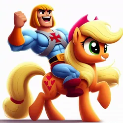 Size: 1024x1024 | Tagged: safe, derpibooru import, machine learning generated, applejack, earth pony, human, pony, ai content, generator:dall-e 2, he-man, he-man and the masters of the universe, image, jpeg, riding, riding a pony