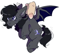 Size: 944x846 | Tagged: safe, artist:heart-sketch, derpibooru import, oc, oc:midnight blitz, unofficial characters only, bat pony, pony, bat pony oc, bat wings, black mane, blue eyes, blue wings, blushing, cute, female, fluffy, gray coat, hand, held up, holding a pony, image, mare, png, simple background, solo, spread wings, tiny, tiny ponies, transparent background, wings