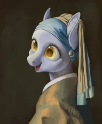 Size: 3500x4250 | Tagged: safe, artist:taytinabelle, derpibooru import, derpy hooves, pegasus, pony, brown background, bust, clothes, digital painting, ear fluff, ear piercing, earring, female, fine art emulation, fine art parody, girl with a pearl earring, high res, image, jewelry, mare, master study, pearl earring, piercing, png, simple background, smiling, solo