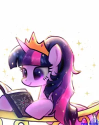 Size: 1142x1440 | Tagged: safe, artist:petaltwinkle, derpibooru import, twilight sparkle, twilight sparkle (alicorn), alicorn, pony, alternate hairstyle, book, crown, female, hoof hold, image, jewelry, jpeg, mare, reading, regalia, signature, simple background, solo, sparkles, white background