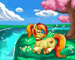 Size: 2500x2000 | Tagged: safe, artist:zendora, derpibooru import, oc, unofficial characters only, bee, butterfly, earth pony, insect, pony, cherry blossoms, commission, cute, female, flower, flower blossom, forest, forest background, image, mare, png, river, tree, water