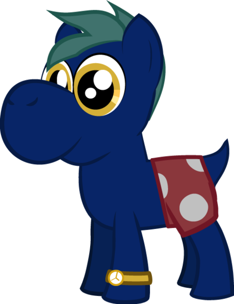 Size: 493x640 | Tagged: safe, artist:j-yoshi64, derpibooru import, oc, ponified, unofficial characters only, earth pony, hybrid, pony, yoshi, blue coat, clothes, colt, foal, golden eyes, green mane, image, male, png, polka dots, reference to another series, shorts, show accurate, simple background, solo, three quarter view, transparent background, watch, wristwatch