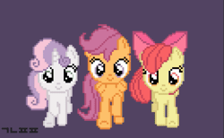 Size: 639x393 | Tagged: safe, artist:gonicfanfic, derpibooru import, apple bloom, scootaloo, sweetie belle, pony, animated, cutie mark crusaders, female, filly, foal, gif, image, pixel art, running, simple background