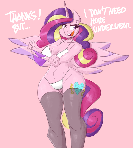 Size: 2500x2778 | Tagged: suggestive, artist:flutterthrash, derpibooru import, princess cadance, alicorn, anthro, g4, big breasts, bikini, bra, breasts, busty princess cadance, cleavage, clothes, dialogue, female, high res, image, panties, pink background, png, simple background, socks, solo, solo female, spread wings, stockings, swimsuit, thigh highs, thong, underass, underwear, wide hips, wings