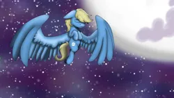 Size: 1920x1080 | Tagged: safe, artist:theartistsora, derpibooru import, oc, oc:synthis, unofficial characters only, pegasus, pony, eyes closed, flying, hooves to the chest, image, large wings, male, moon, png, solo, stallion, stars, wings