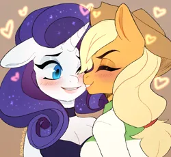 Size: 1347x1237 | Tagged: safe, artist:koshhhata, derpibooru import, applejack, rarity, anthro, earth pony, unicorn, applejack's hat, blushing, breasts, choker, clothes, cowboy hat, dress, duo, eyes closed, female, floppy ears, hat, heart, image, lesbian, nuzzling, png, rarijack, shipping, shirt, simple background, smiling