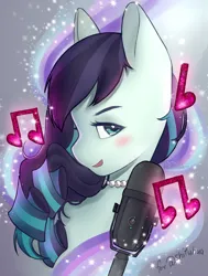 Size: 1670x2207 | Tagged: safe, artist:whyomnichan, derpibooru import, coloratura, earth pony, pony, blushing, bust, female, image, jewelry, mare, microphone, music notes, necklace, open mouth, open smile, pearl necklace, png, portrait, rara, signature, smiling, solo