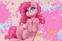 Size: 1500x1000 | Tagged: safe, artist:dark_lu, derpibooru import, pinkie pie, earth pony, pony, female, hooves to the chest, image, mare, paint splatter, png, signature, smiling, solo