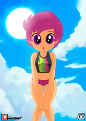 Size: 1413x2000 | Tagged: safe, artist:minusclass, derpibooru import, part of a set, scootaloo, human, equestria girls, :o, belly button, clothes, cloud, female, image, jpeg, looking at you, looking down, looking down at you, midriff, open mouth, patreon, patreon logo, solo, sun, swimsuit