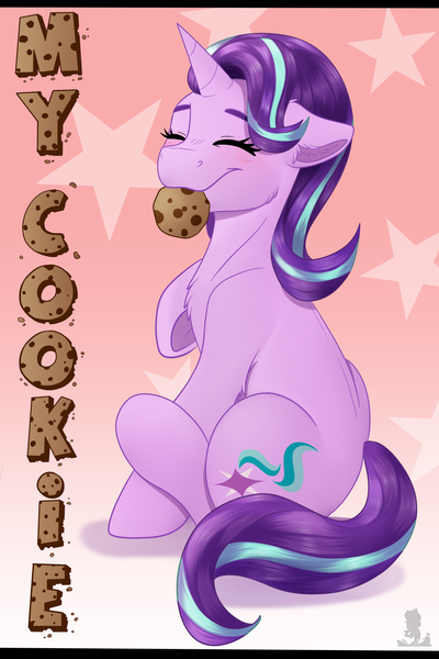 Size: 2000x3000 | Tagged: safe, artist:monsoonvisionz, derpibooru import, starlight glimmer, pony, unicorn, cookie, eyes closed, female, food, high res, image, mare, nom, png, sitting, solo, text