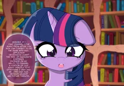 Size: 5750x4036 | Tagged: safe, artist:darkstorm mlp, derpibooru import, part of a set, twilight sparkle, pony, unicorn, bookshelf, female, image, mare, png, talking to herself, unicorn twilight