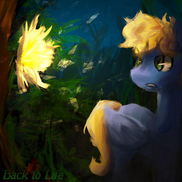 Size: 1080x1080 | Tagged: safe, artist:zelatynowy, derpibooru import, oc, oc:synthis, unofficial characters only, pegasus, pony, bioluminescent, flower, forest, frown, image, male, png, solo, song cover, stallion, tree