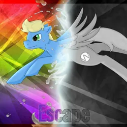 Size: 1080x1080 | Tagged: safe, artist:ruef, derpibooru import, oc, oc:synthis, unofficial characters only, pegasus, pony, image, jumping, male, partial color, png, rainbow, smiling, solo, song cover, stallion