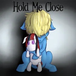 Size: 1400x1400 | Tagged: safe, artist:joolzanfire, derpibooru import, oc, oc:synthis, oc:thedoctorsora, unofficial characters only, pegasus, pony, hair over eyes, holding, image, looking down, male, plushie, png, sitting, solo, song cover, stallion