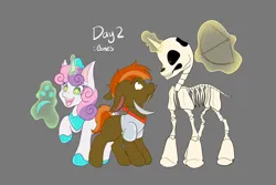Size: 2048x1365 | Tagged: safe, artist:mscolorsplash, derpibooru import, button mash, sweetie belle, earth pony, pony, skeleton pony, unicorn, don't mine at night, armor, arrow, bone, bow (weapon), bow and arrow, diamond, diamond armor, female, filly, foal, gray background, image, levitation, magic, minecraft, mouth hold, pickaxe, png, ponytober, scared, simple background, skeleton, starry eyes, telekinesis, weapon, wingding eyes