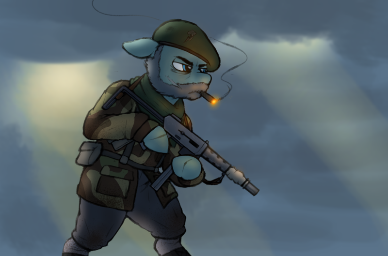 Size: 4887x3229 | Tagged: safe, artist:crazy water, derpibooru import, oc, oc:duty prince, earth pony, pony, equestria at war mod, beard, beret, call of duty, captain price, cigar, clothes, crepuscular rays, facial hair, gun, hat, how do hooves work?, image, male, older, png, reference, reference to another series, resistance, scar, scarf, solo, stallion, suppressor, uniform, weapon, weather