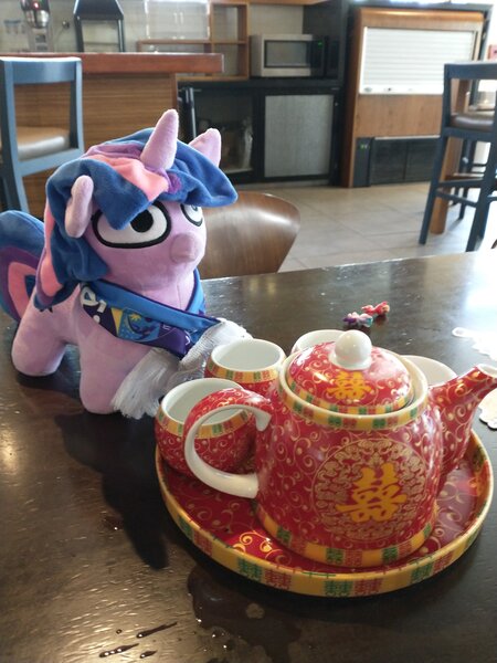 Size: 3072x4096 | Tagged: safe, artist:jargon scott, derpibooru import, twilight sparkle, pony, unicorn, clothes, female, filly, filly twilight sparkle, image, irl, jpeg, photo, plushie, scarf, solo, squatpony, teapot, twiggie, unicorn twilight, younger