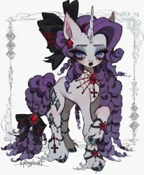 Size: 1684x2048 | Tagged: safe, artist:p0nyplanet, derpibooru import, rarity, pony, unicorn, blushing, bow, cross, cross necklace, ear blush, ear piercing, earring, female, goth, hair bow, image, jewelry, jpeg, lidded eyes, lipstick, mare, necklace, piercing, simple background, solo, tail, tail bow, unshorn fetlocks, white background