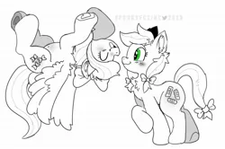 Size: 2048x1359 | Tagged: safe, artist:spookyfoxinc, derpibooru import, apple fritter, flitter, earth pony, pegasus, pony, apple family member, background pony, black and white, blushing, cute, female, flying, grayscale, image, jpeg, mare, monochrome, simple background, sketch