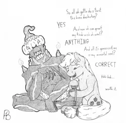 Size: 1240x1216 | Tagged: safe, artist:parallel black, derpibooru import, applejack, oc, oc:jakk, earth pony, series:aj the nightmare-granter, amulet, crossover, death note, dialogue, halloween, holiday, image, jewelry, png, pumpkin, shinigami, simple background, traditional art, white background