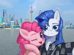 Size: 1000x750 | Tagged: safe, artist:snail 9, derpibooru import, pinkie pie, oc, oc:ray frok, earth pony, pony, canon x oc, clothes, couple, image, jpeg, one eye closed, photo, shanghai, wink