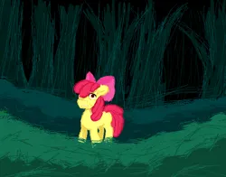 Size: 699x548 | Tagged: safe, artist:kroissantkats, derpibooru import, apple bloom, earth pony, pony, story of the blanks, female, filly, foal, forest, image, jpeg, ms paint, scared, solo, tree