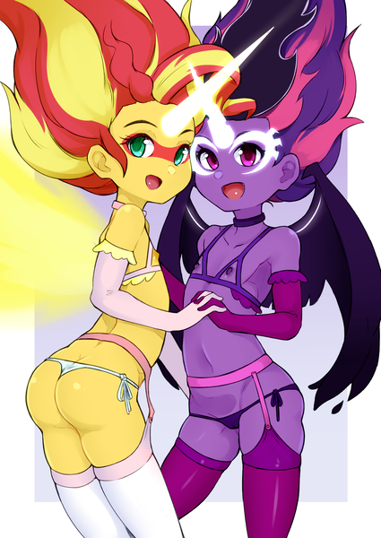 Size: 1212x1711 | Tagged: questionable, artist:oozutsucannon, banned from derpibooru, ponerpics import, ponybooru import, sunset shimmer, twilight sparkle, human, equestria girls, ass, breasts, butt, choker, clothes, cupless bra, daydream shimmer, delicious flat chest, duo, duo female, evening gloves, female, garter belt, gloves, holding hands, image, lingerie, lolicon, long gloves, looking at you, midnight sparkle, nipples, nudity, open mouth, open smile, panties, png, skindentation, small breasts, smiling, socks, spread wings, stockings, thigh highs, thigh muffintop, underage, underwear, wings
