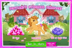Size: 1960x1301 | Tagged: safe, derpibooru import, idw, official, butterscotch (g1), earth pony, pony, g1, advertisement, bow, english, female, g4, gameloft, gem, idw showified, image, jpeg, magic coins, mare, mobile game, my little pony: magic princess, numbers, sale, solo, solo focus, tail, tail bow, text