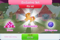 Size: 1268x858 | Tagged: safe, derpibooru import, idw, official, butterscotch (g1), earth pony, pony, g1, bow, bundle, english, female, g4, gameloft, gem, idw showified, image, jpeg, magic coins, mare, mobile game, my little pony: magic princess, numbers, sale, solo, solo focus, tail, tail bow, text