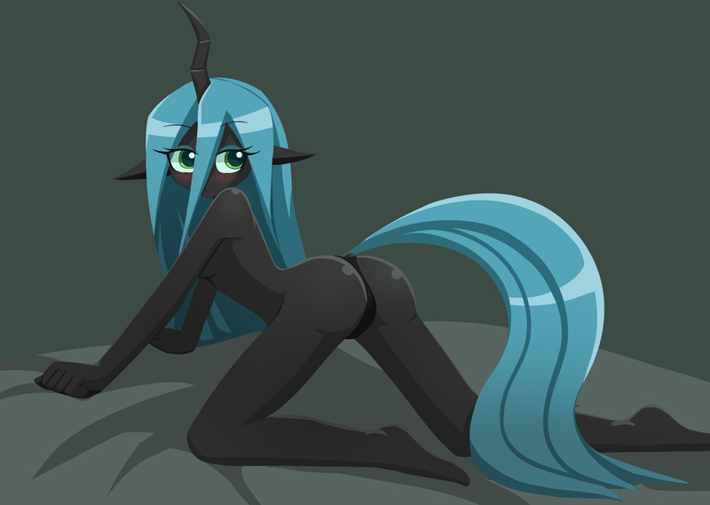 Size: 3024x2150 | Tagged: suggestive, artist:howxu, ponerpics import, queen chrysalis, changeling, bed, blushing, bugbutt, butt, feet, female, image, jpeg, looking back, nudity, on bed, stupid sexy chrysalis