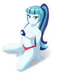 Size: 650x800 | Tagged: suggestive, artist:riouku, derpibooru import, sonata dusk, human, equestria girls, rainbow rocks, bare shoulders, bedroom eyes, belly, belly button, bikini, breasts, chile, clothes, eyeshadow, female, image, legs, looking left, makeup, png, reasonably sized breasts, simple background, sleeveless, smiling, solo, swimsuit, white background