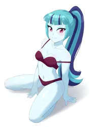 Size: 813x1000 | Tagged: suggestive, alternate version, artist:riouku, derpibooru import, sonata dusk, human, equestria girls, rainbow rocks, bare shoulders, bedroom eyes, belly, belly button, bikini, bra, breasts, chile, clothes, e-cup bra, eyeshadow, female, image, legs, looking left, makeup, png, reasonably sized breasts, simple background, sleeveless, smiling, solo, swimsuit, underwear, white background